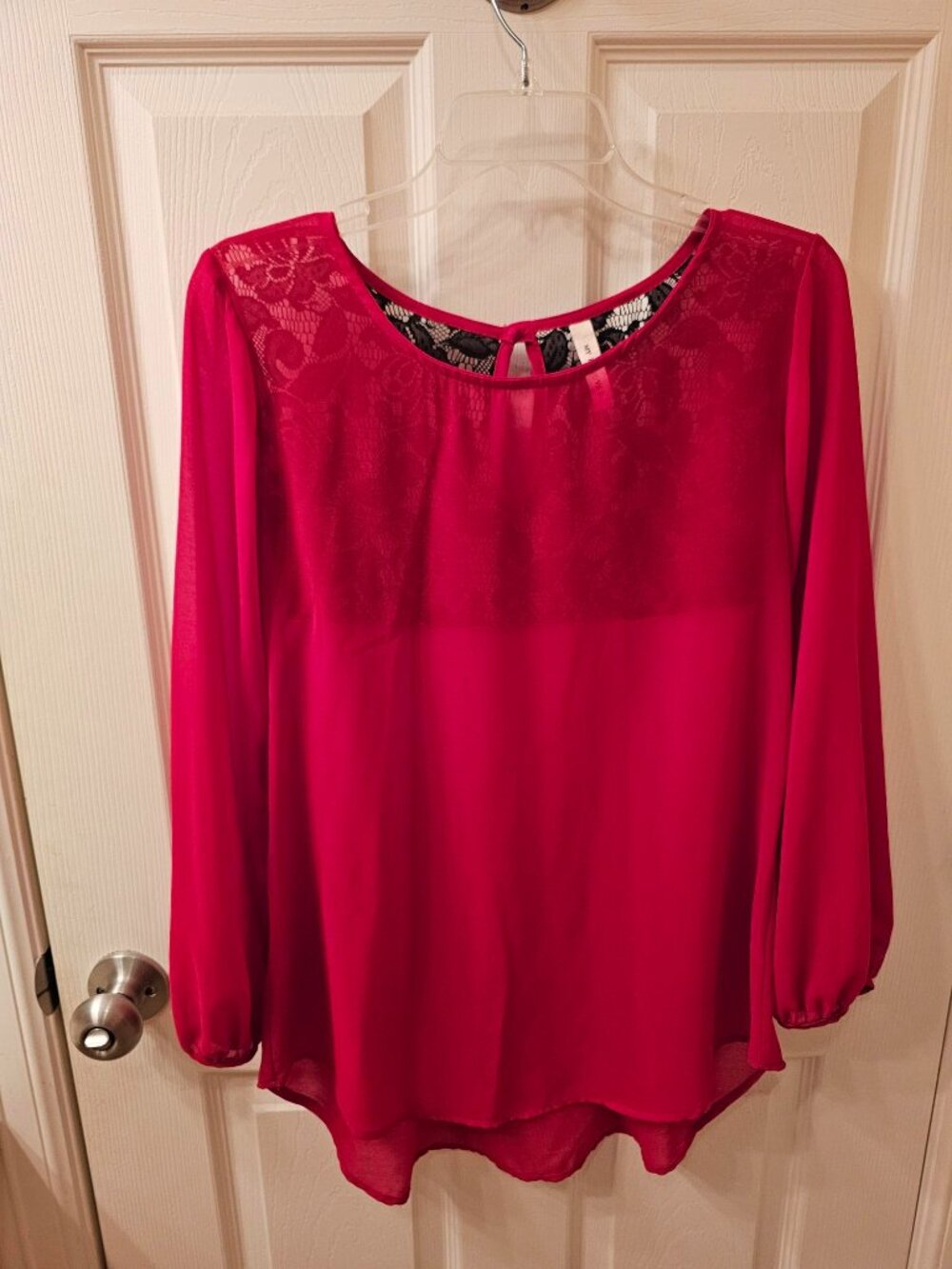 NWOT My Beloved Medium Red Blouse w / Black Lace Detail